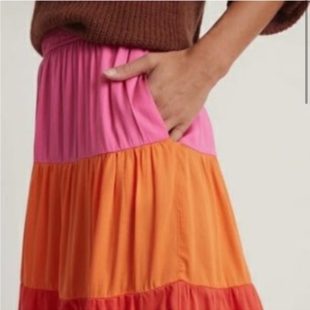 MARINE LAYER Colorblock Tiered Midi Slit Skirt In Fuschia Orange Red Pink Small - Picture 5 of 12